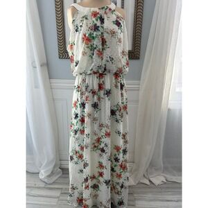 Robbie Bee Swiss Dot Floral Chiffon Maxi Dress Size 14 Ivory Orange NWT